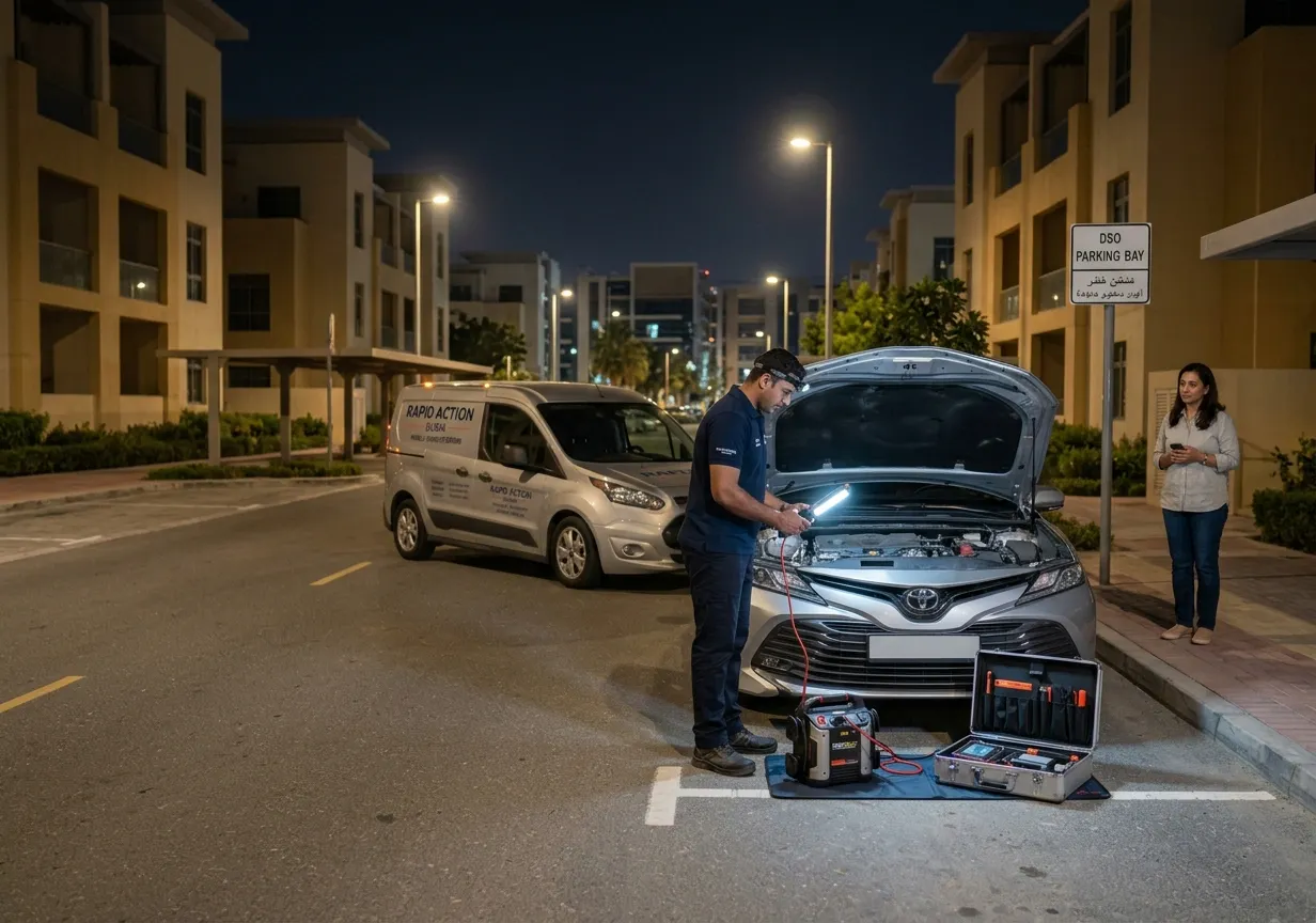 Emergency roadside mechanic assisting a broken-down car at night in Dubai Silicon Oasis