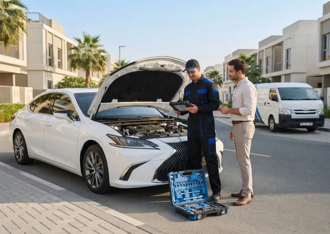 24/7 mobile car repair technician inspecting a vehicle in JVC Dubai