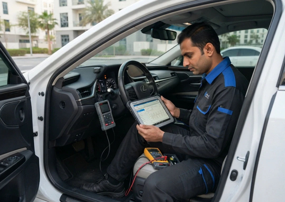 Technician performing OBD-II car diagnostics and electrical inspection in JVC Dubai