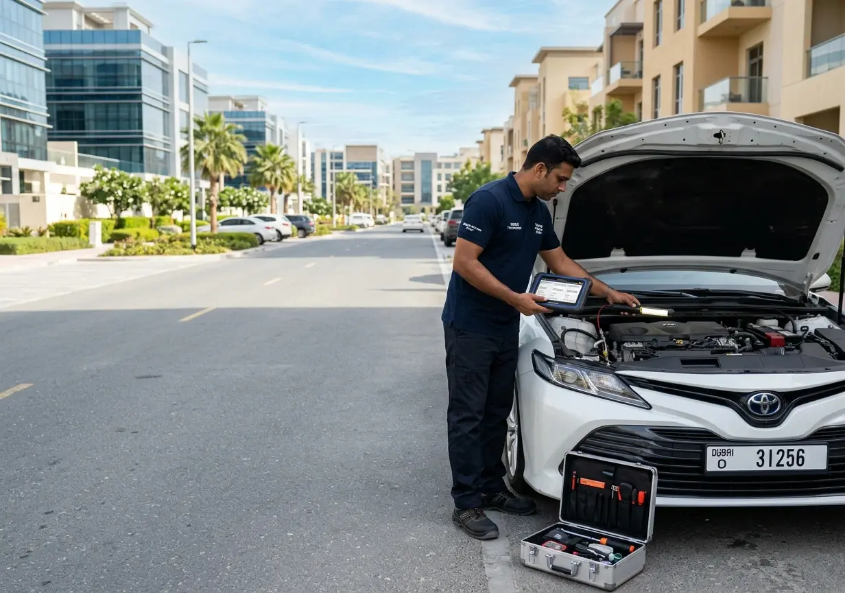Mobile mechanic inspecting a vehicle during car repair service in Dubai Silicon Oasis
