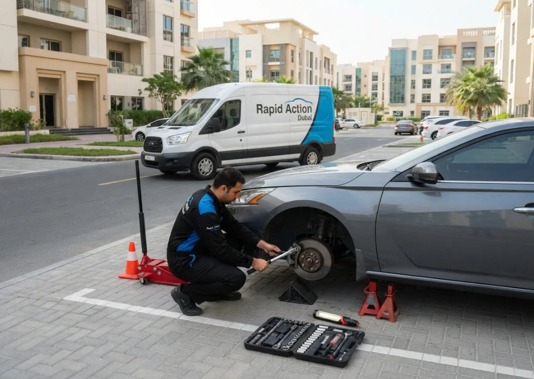 Rapid Action Dubai mobile mechanic repairing a car in Jumeirah Village Circle Dubai
