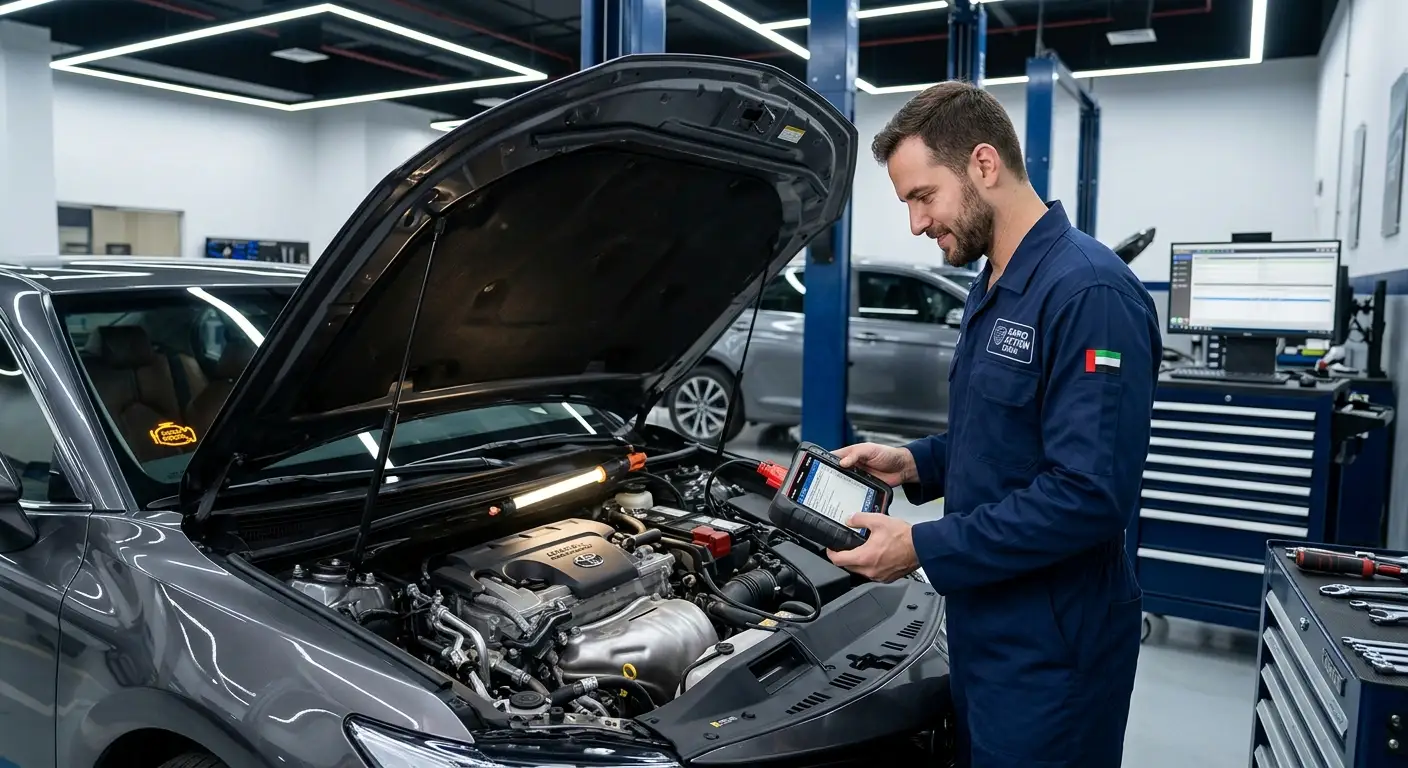 Professional car inspection and diagnostic service in Dubai checking common vehicle repair warning signs