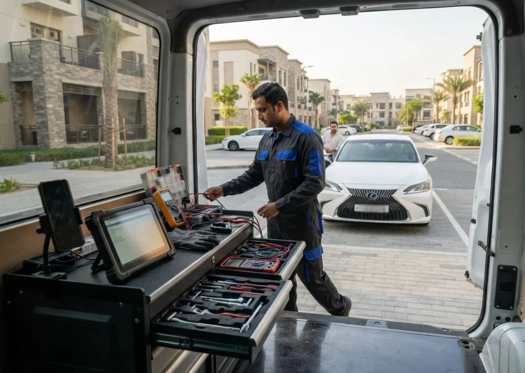 Mobile car repair technician preparing diagnostic equipment for a JVC service call