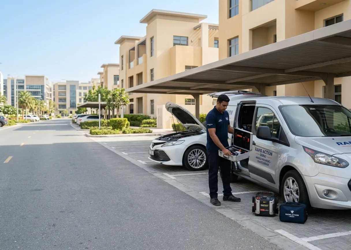 Mobile auto repair technician arriving at a customer location in Dubai Silicon Oasis