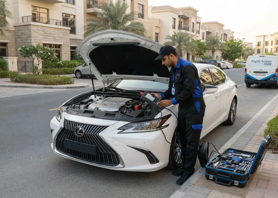 Mobile mechanic diagnosing a car in Jumeirah Village Circle Dubai