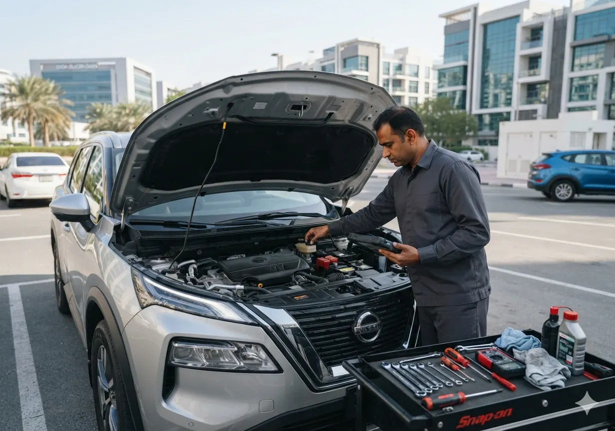 Car maintenance technician in Silicon Oasis inspecting engine fluids, battery and vehicle components