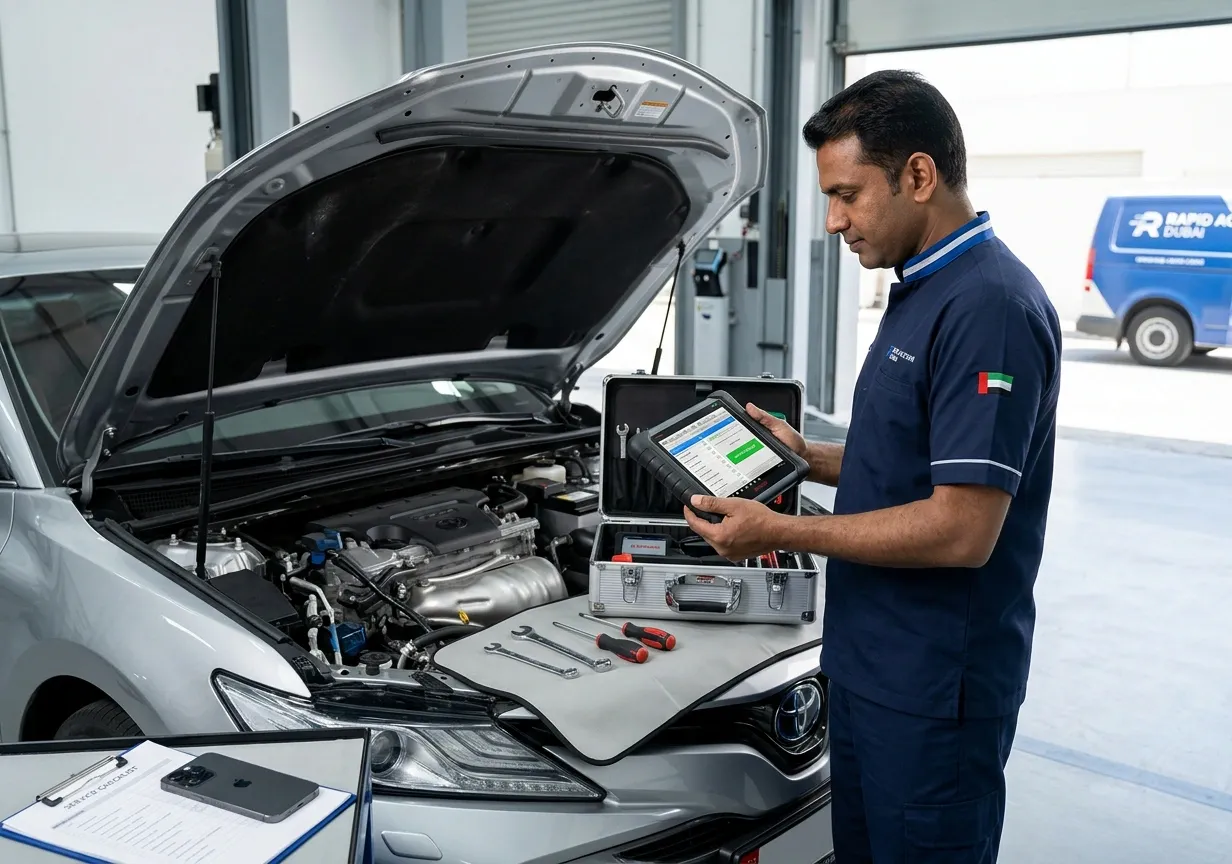 Professional vehicle inspection and final car repair check by an automotive technician in Dubai