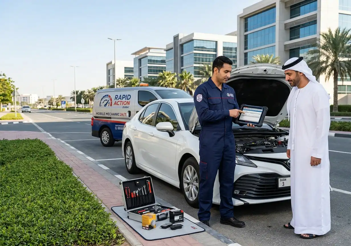 Mobile auto repair technician providing professional car diagnostic assistance in Dubai Silicon Oasis