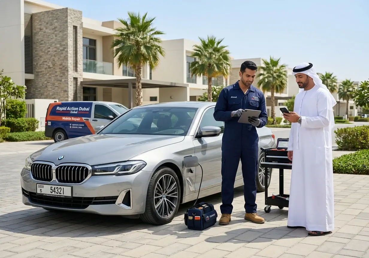 Car repair service in DAMAC Hills with mobile mechanic inspection process