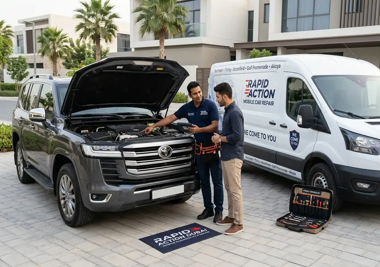 Mobile auto repair in DAMAC Hills with mechanic checking a parked car at customer location