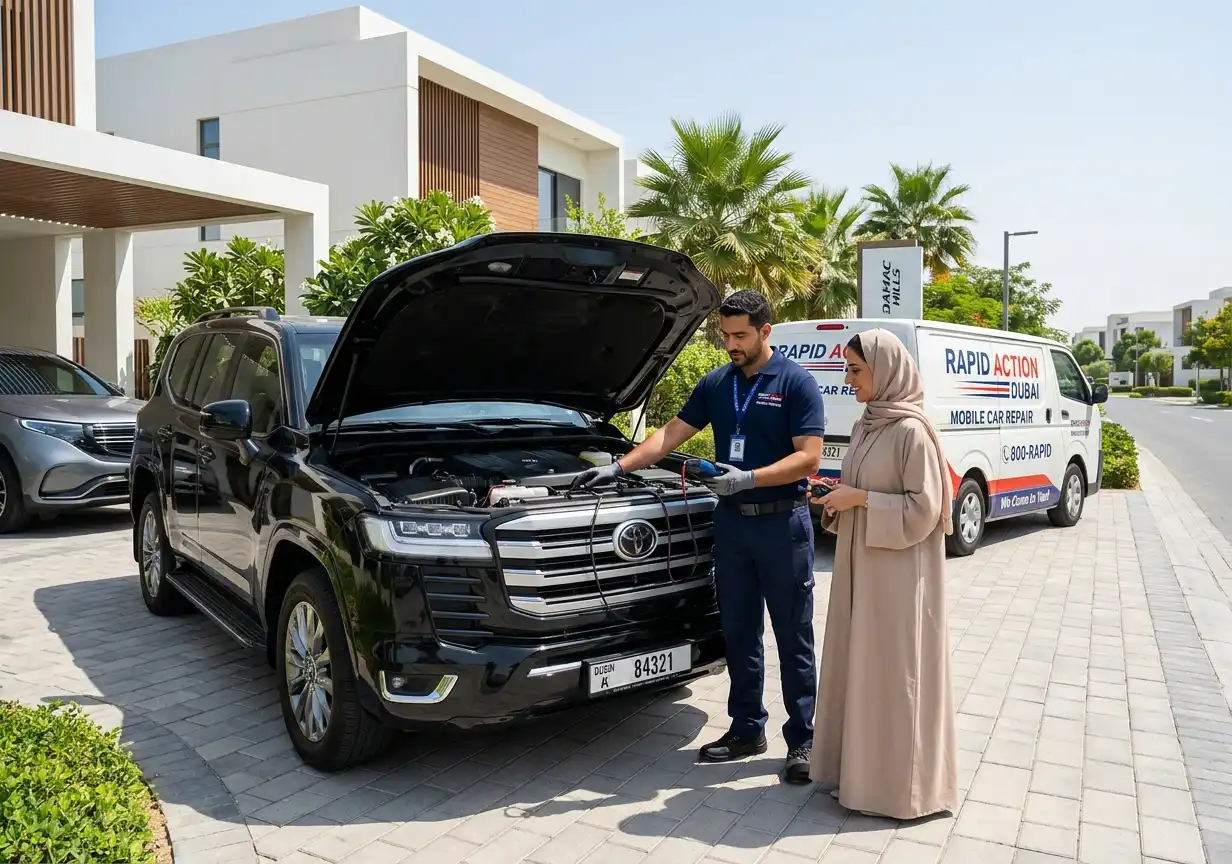 Mobile car repair service in DAMAC Hills Dubai with technician inspecting a vehicle at home